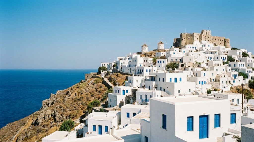 Η Χώρα της Αστυπάλαιας με τους ανεμόμυλους και το Ενετικό Κάστρο πάνω από το Αιγαίο
